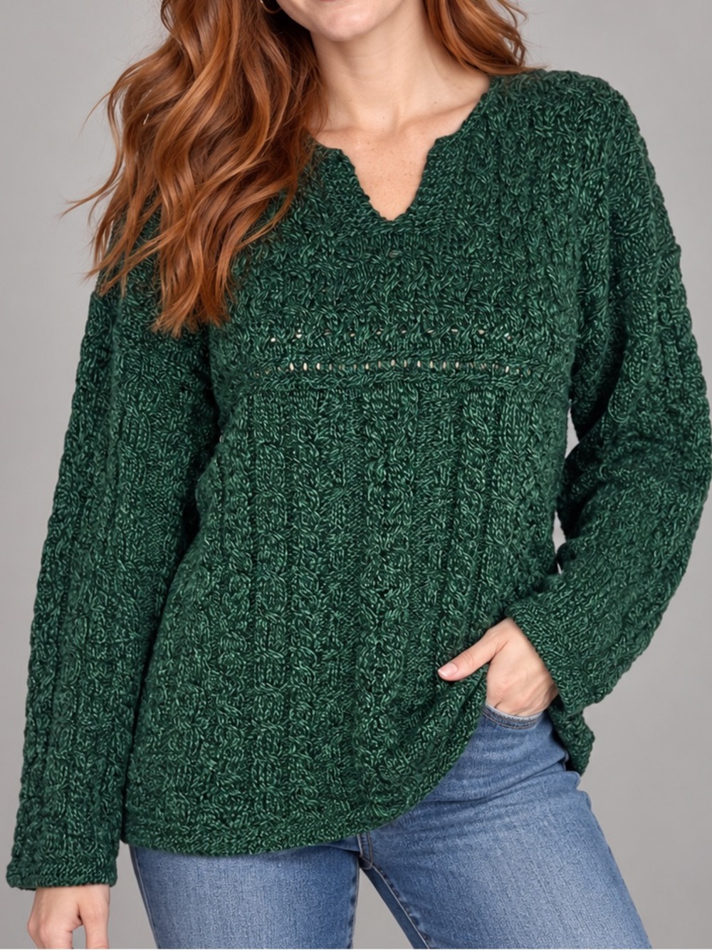 NWT Carraig Donn Cable Knit 100% Wool Irish Green Pullover Sweater Size L